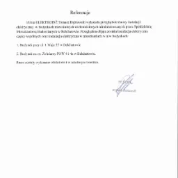 Skan dokumentu referencyjnego dla firmy Elektroinż Tomasz Dąbrowski, potwierdzający wykonanie przeglądu okresowego instalacji elektrycznej w budynkach wielorodzinnych w Bełchatowie, opatrzony datą...