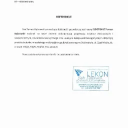Skan referencji firmy z Bełchatowa, Pracownia Projektowa Lekon, potwierdzających wykonanie dokumentacji projektowej instalacji elektrycznych i teletechnicznych dla budynku wielorodzinnego.