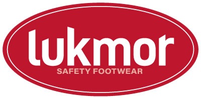 Logo Lukmor Safety Footwear na czerwonym owalnym tle.
