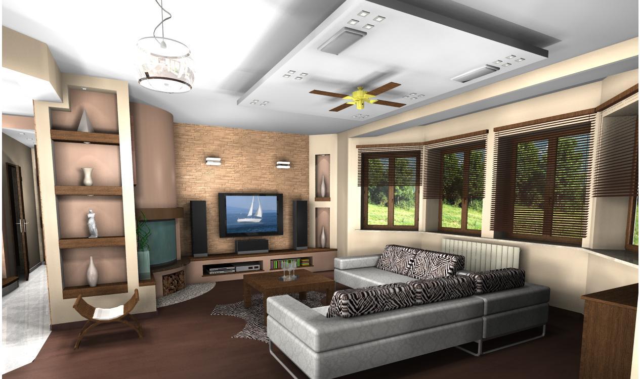 Wizualizacja salonu z podwieszanym sufitem, żółtym wentylatorem i oknami z żaluzjami, telewizor z obrazem żaglówki, dekoracyjne wnęki na ścianie.