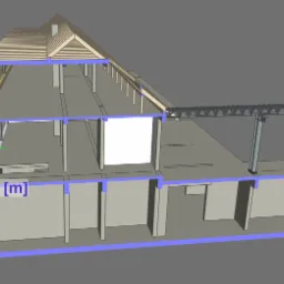 Wizualizacja 3D przekroju hali przemysłowej z elementami konstrukcji stalowej i dachem z drewnianą więźbą, widoczny wymiar 35.088 m.