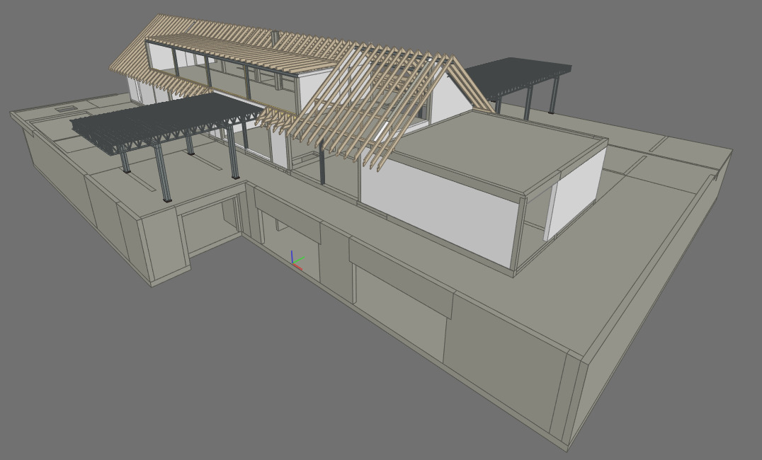 Wizualizacja 3D budynku w trakcie budowy, ukazująca konstrukcję dachu z drewnianymi krokwiami, zadaszenia miejsc parkingowych na płaskim dachu oraz surową bryłę budynku z widocznymi otworami...