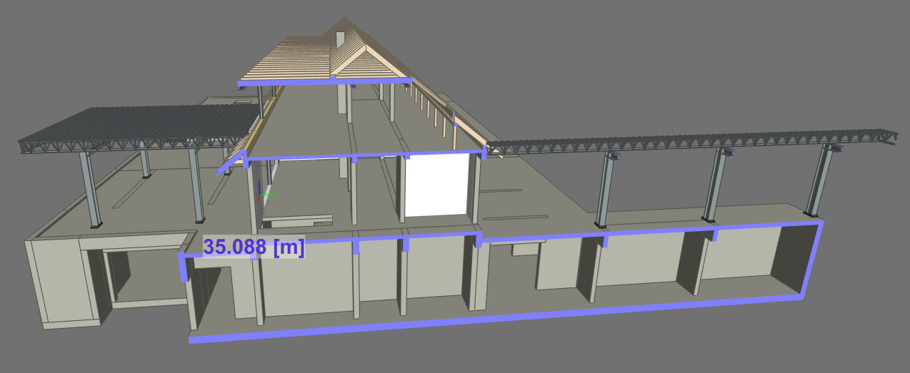 Wizualizacja 3D przekroju hali przemysłowej z elementami konstrukcji stalowej i dachem z drewnianą więźbą, widoczny wymiar 35.088 m.