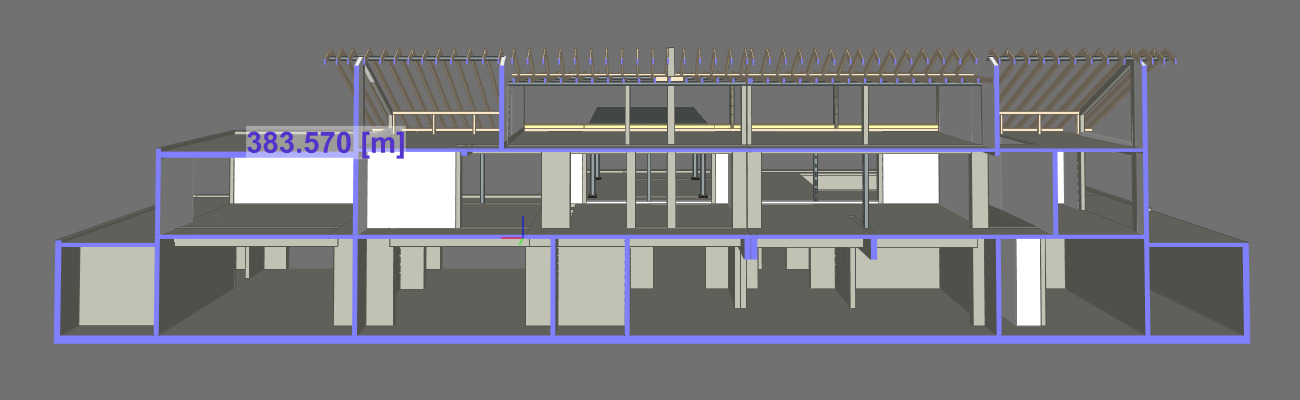 Przekrój 3D budynku dwukondygnacyjnego z poddaszem, widoczne elementy konstrukcyjne i rozkład pomieszczeń.
