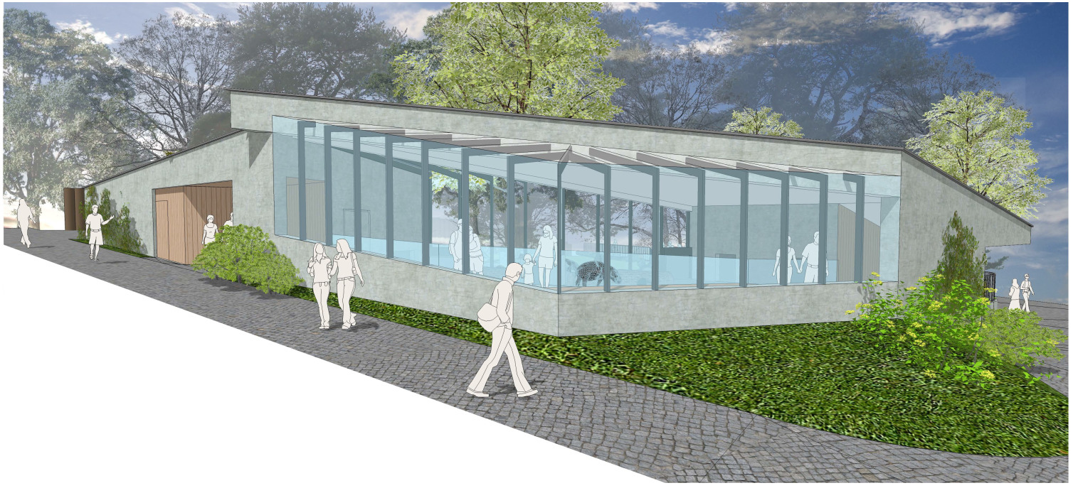 Wizualizacja budynku z dużymi przeszkleniami, otoczonego zielenią i spacerującymi postaciami, ukazująca jego nowoczesną architekturę i wkomponowanie w krajobraz.