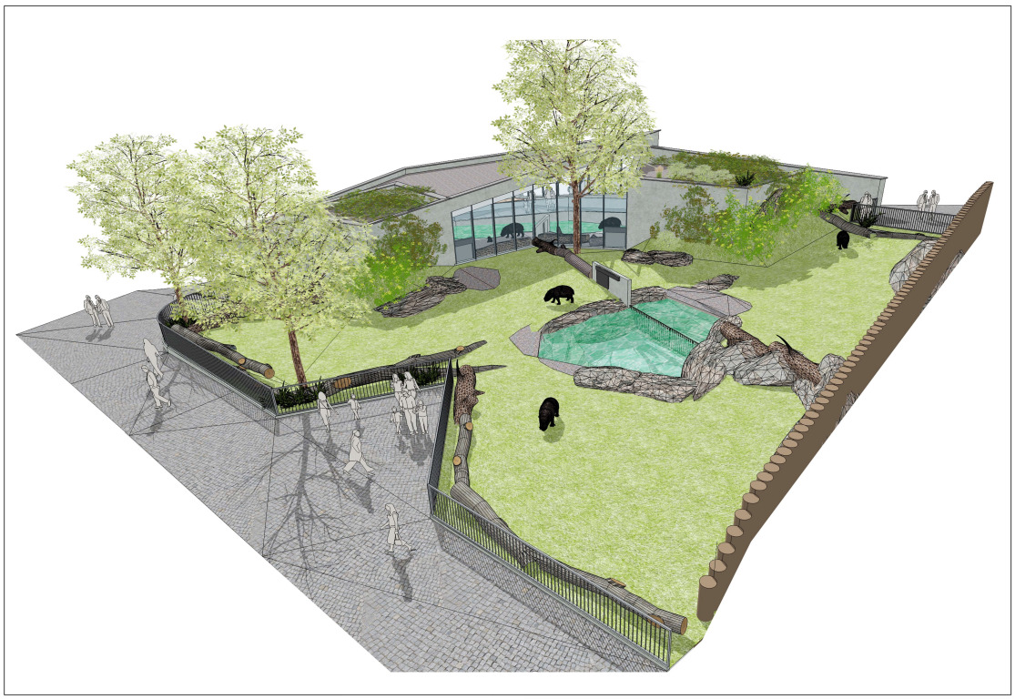 Wizualizacja 3D projektowanego wybiegu dla zwierząt z zielonym dachem budynku w tle, drzewami, zbiornikiem wodnym i ścieżką dla zwiedzających.