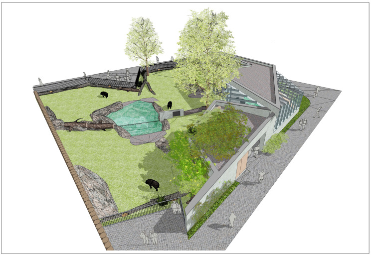 Wizualizacja 3D z lotu ptaka przedstawiająca projekt architektoniczny wybiegu dla niedźwiedzi w zoo, z basenem, drzewami, skałami i budynkiem dla zwiedzających.