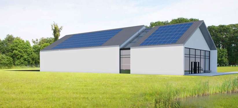 Wizualizacja nowoczesnej hali z panelami słonecznymi na dachu, duże przeszklenia, otoczona zielenią i stawem.