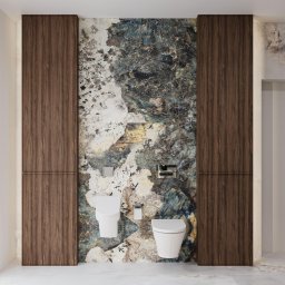 PROJEKTORNIA.COM.PL - Nowoczesna łazienka z dwoma wiszącymi toaletami, marmurową ścianą w odcieniach bieli, szarości i niebieskiego oraz drewnianymi panelami po bokach.