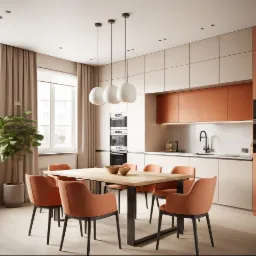 Jasna kuchnia z pomarańczowymi akcentami: zabudowa kuchenna z białymi i pomarańczowymi szafkami, drewniany stół z pomarańczowymi krzesłami na czarnych nogach, trzy wiszące białe lampy, duża roślina...
