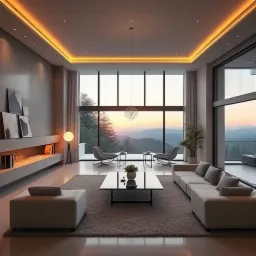 Minimalistyczny salon z panoramicznym widokiem na góry o zachodzie słońca, beżowa sofa modułowa, czarny stolik kawowy z kwiatami, oświetlenie LED podsufitowe, szary dywan, designerski regał...