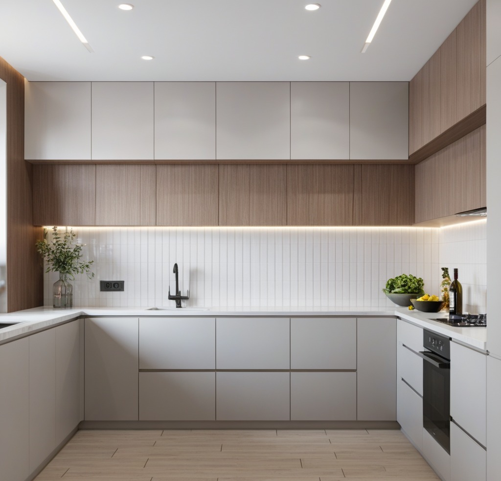 Nowoczesna kuchnia z szarymi szafkami dolnymi i białymi górnymi, drewnianym panelem między szafkami, pionowymi białymi płytkami na ścianie, czarną baterią i drewnianą podłogą.