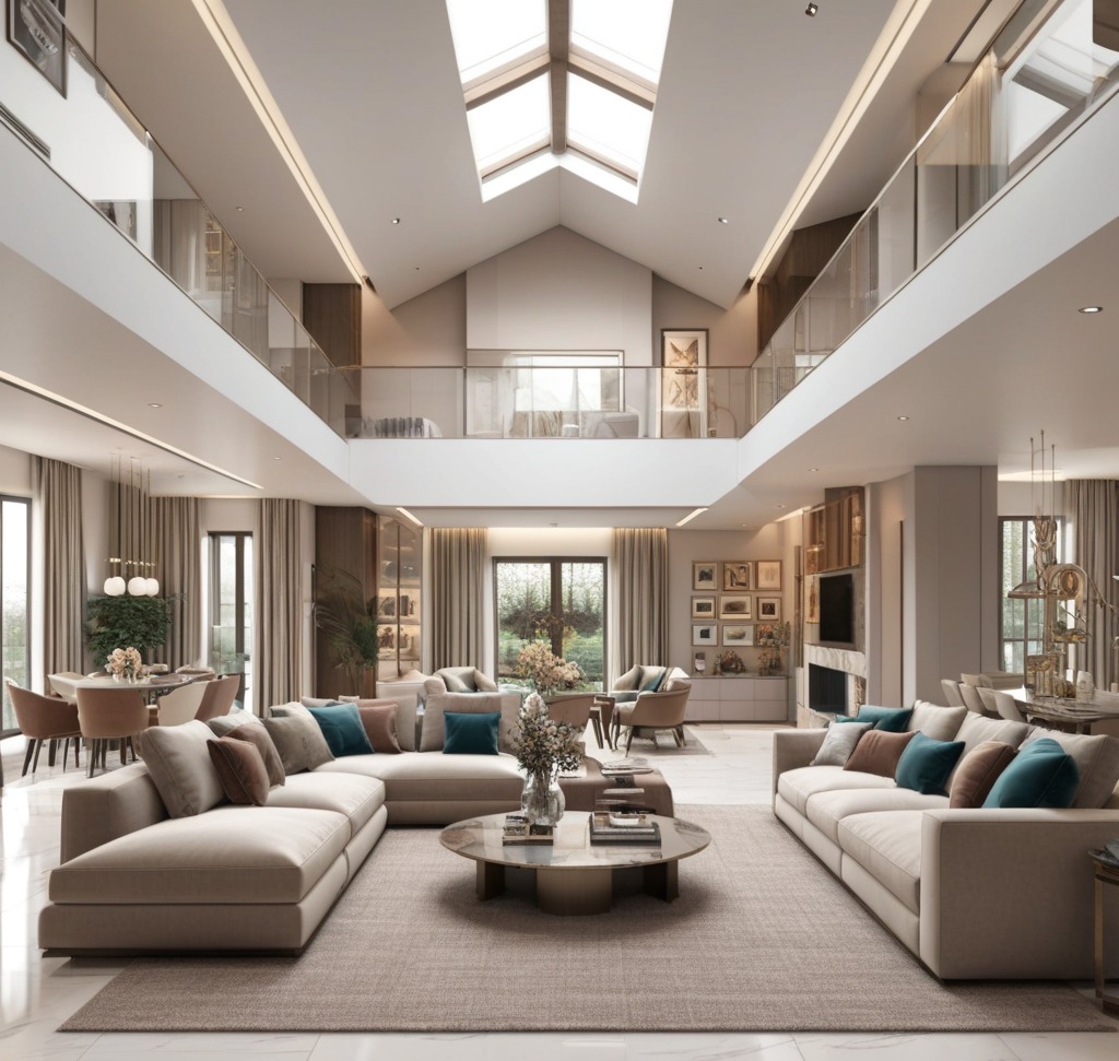 Przestronny salon w dwupoziomowym apartamencie z dużym oknem dachowym, beżowe sofy z kolorowymi poduszkami, okrągły stolik kawowy z marmurowym blatem, widok na jadalnię i balkon na drugim poziomie.