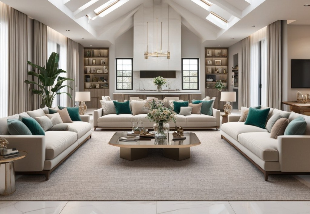 Przestronny salon z wysokim sufitem i oknami dachowymi, wyposażony w trzy beżowe sofy z turkusowymi poduszkami, stolik kawowy z metalicznym wykończeniem, regały z książkami po bokach i marmurowy...