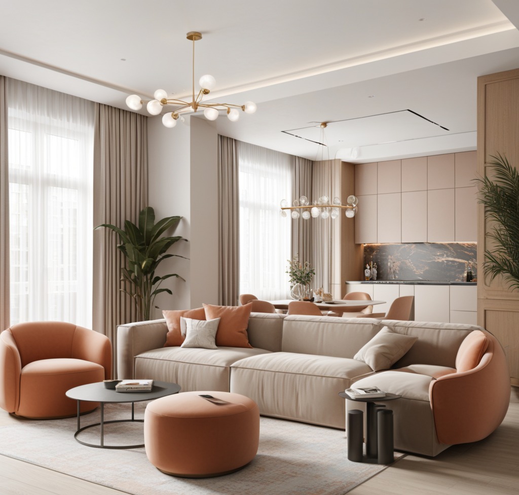 Jasny salon z beżową sofą narożną, pomarańczowymi akcentami w postaci fotela i pufy, okrągłym stolikiem kawowym i widoczną w tle kuchnią z marmurowym blatem.