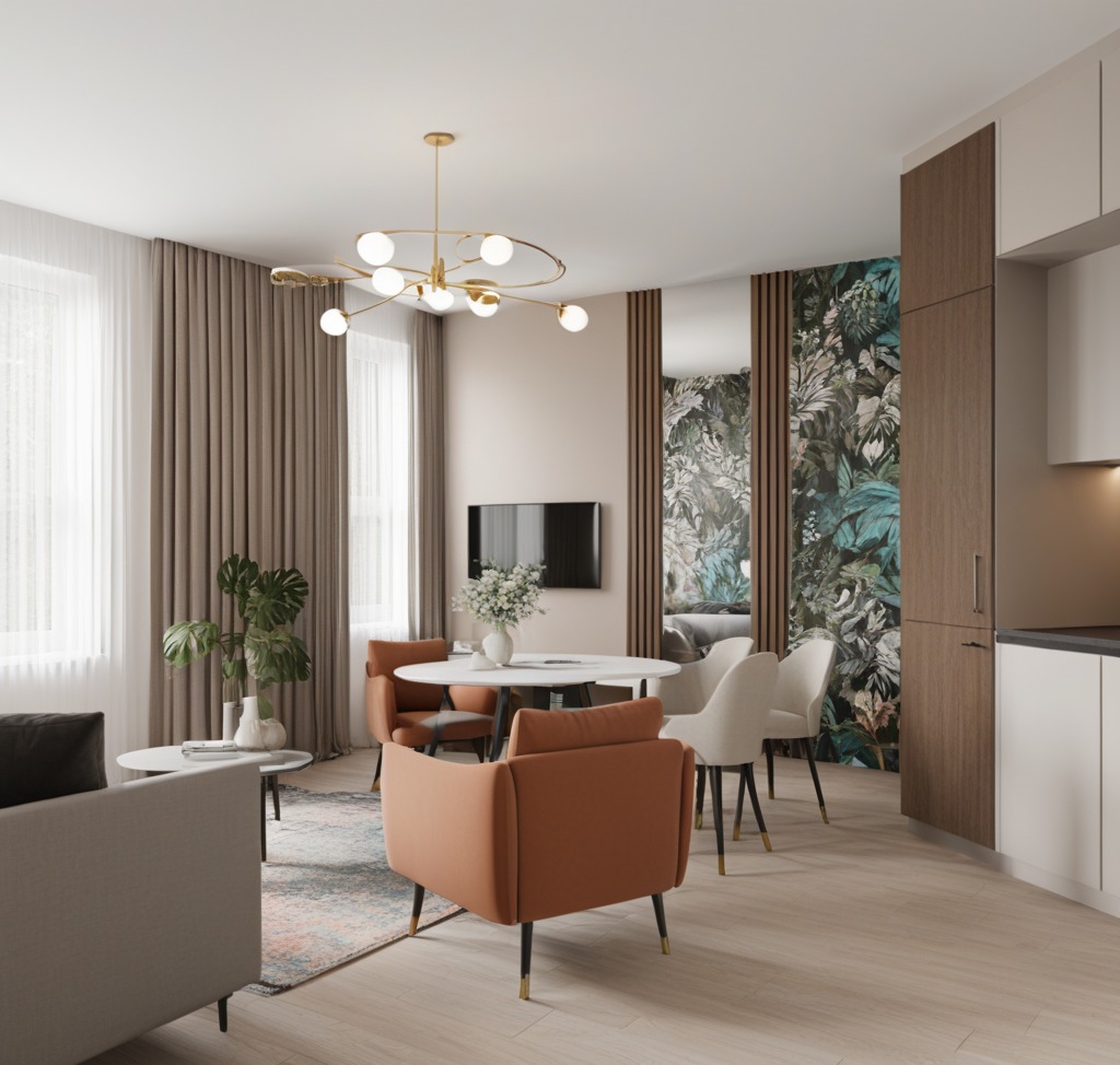 Jasne, przestronne wnętrze mieszkania z elementami drewna i motywem roślinnym na ścianie, okrągły stół jadalny z białym blatem i krzesłami w odcieniach beżu i pomarańczy, nowoczesna lampa sufitowa...