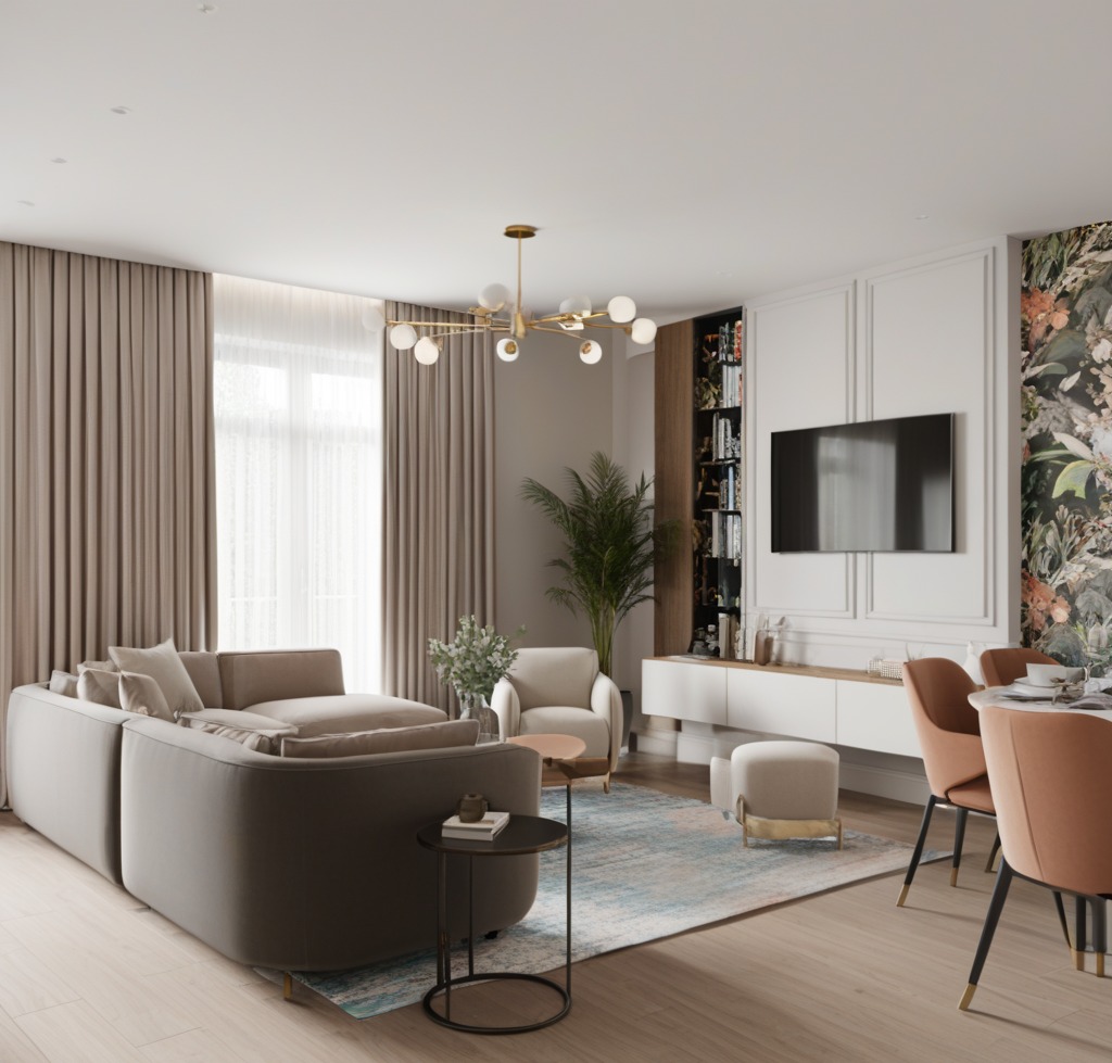 Jasny salon z narożną sofą w odcieniach beżu, okrągłym stolikiem kawowym, rośliną doniczkową i tapetą w kwiaty na jednej ścianie, oświetlony nowoczesną lampą sufitową.