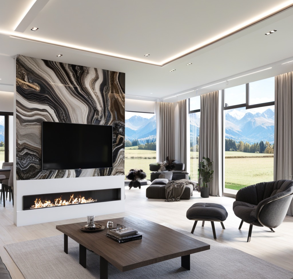 Nowoczesny salon z marmurową ścianą, telewizorem i kominkiem, widok na góry przez panoramiczne okna, szara sofa i fotel, drewniany stolik kawowy z książkami.