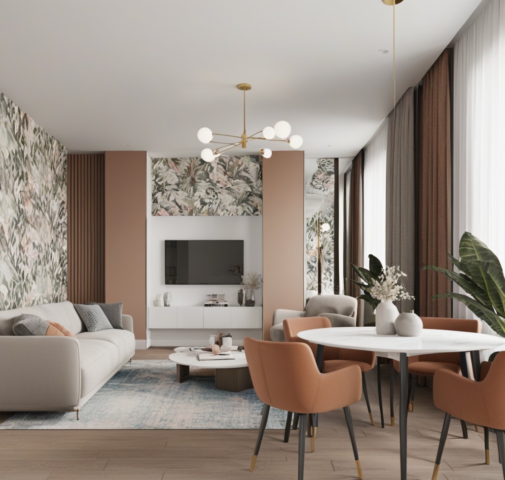 Jasny salon z wzorzystą tapetą, beżową sofą, okrągłym stolikiem kawowym na niebieskim dywanie, okrągłym stołem jadalnym z pomarańczowymi krzesłami i nowoczesnym oświetleniem sufitowym.