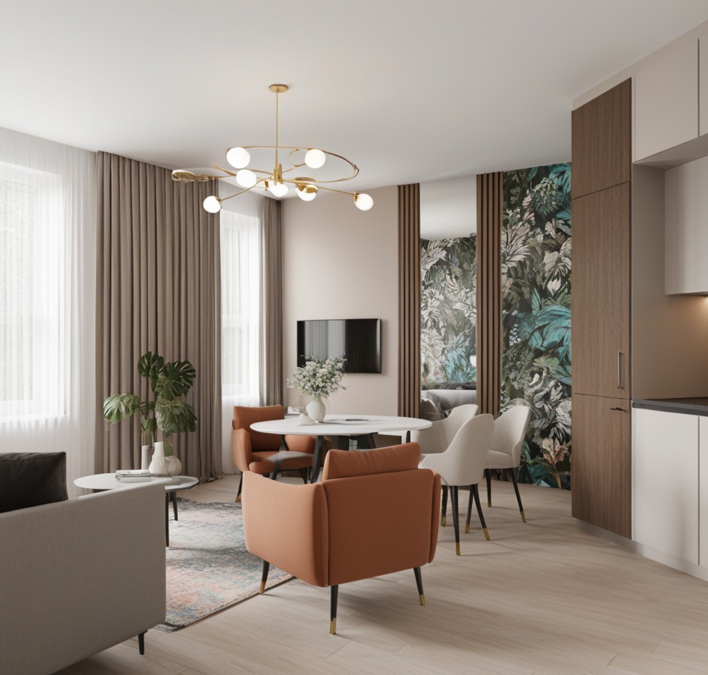 Jasne wnętrze mieszkania z okrągłym stołem, pomarańczowymi fotelami, roślinami doniczkowymi i dekoracyjną ścianą z motywem roślinnym za stołem, oświetlone nowoczesną lampą wiszącą.