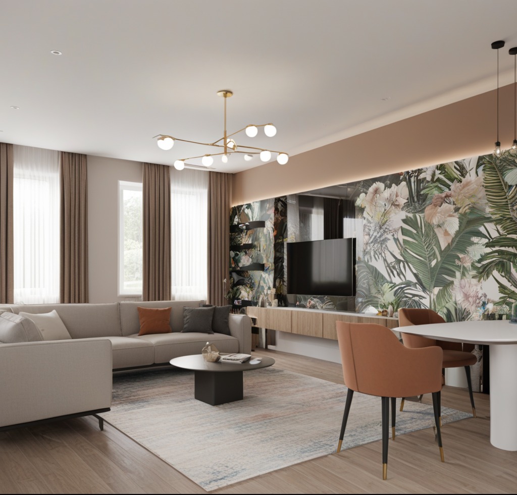 Jasny salon z szarą sofą, okrągłym stolikiem kawowym, dywanem w pastelowe wzory i ścianą z motywem tropikalnych liści za telewizorem. Nad sofą wisi nowoczesny żyrandol z kulistymi kloszami.