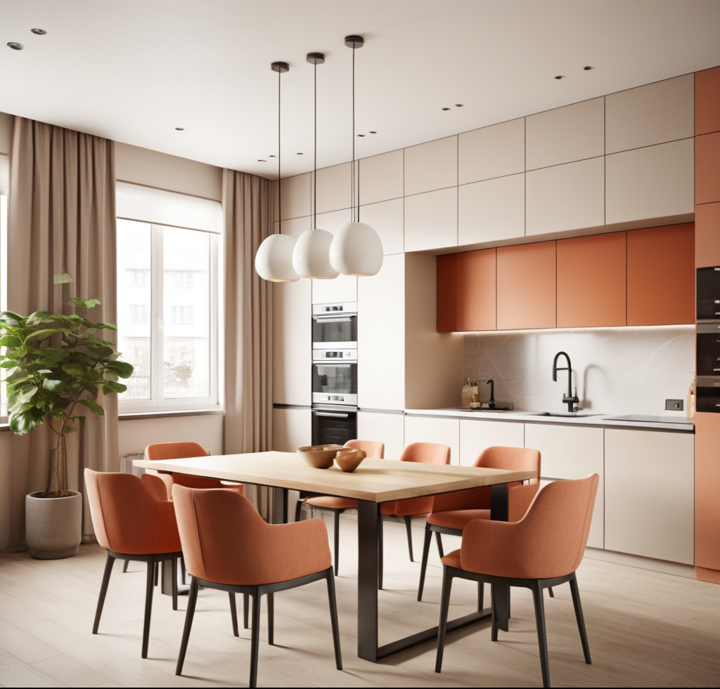 Jasna kuchnia z pomarańczowymi akcentami: zabudowa kuchenna z białymi i pomarańczowymi szafkami, drewniany stół z pomarańczowymi krzesłami na czarnych nogach, trzy wiszące białe lampy, duża roślina...