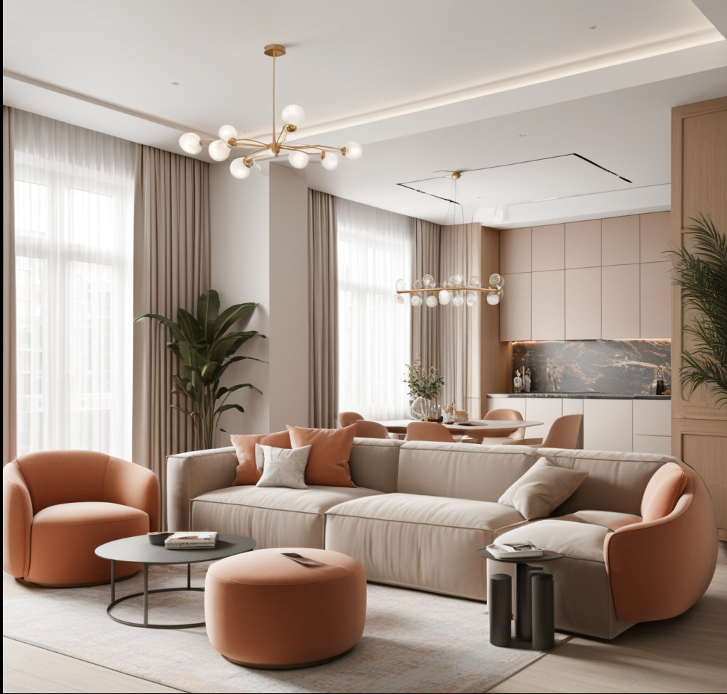 Jasne, przestronne wnętrze z beżową sofą narożną, pomarańczowymi fotelami i pufą, okrągłym stolikiem kawowym oraz minimalistyczną kuchnią w tle, oświetlone nowoczesnymi lampami wiszącymi.