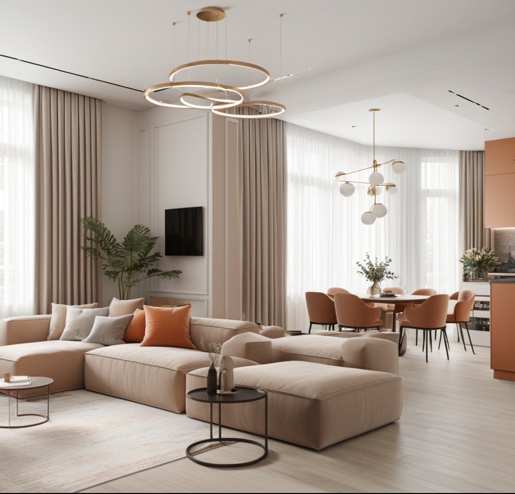 Jasny salon z beżową sofą modułową, okrągłym stolikiem kawowym z czarną podstawą, telewizorem na ścianie i jadalnią w tle, oświetlony designerskimi lampami.