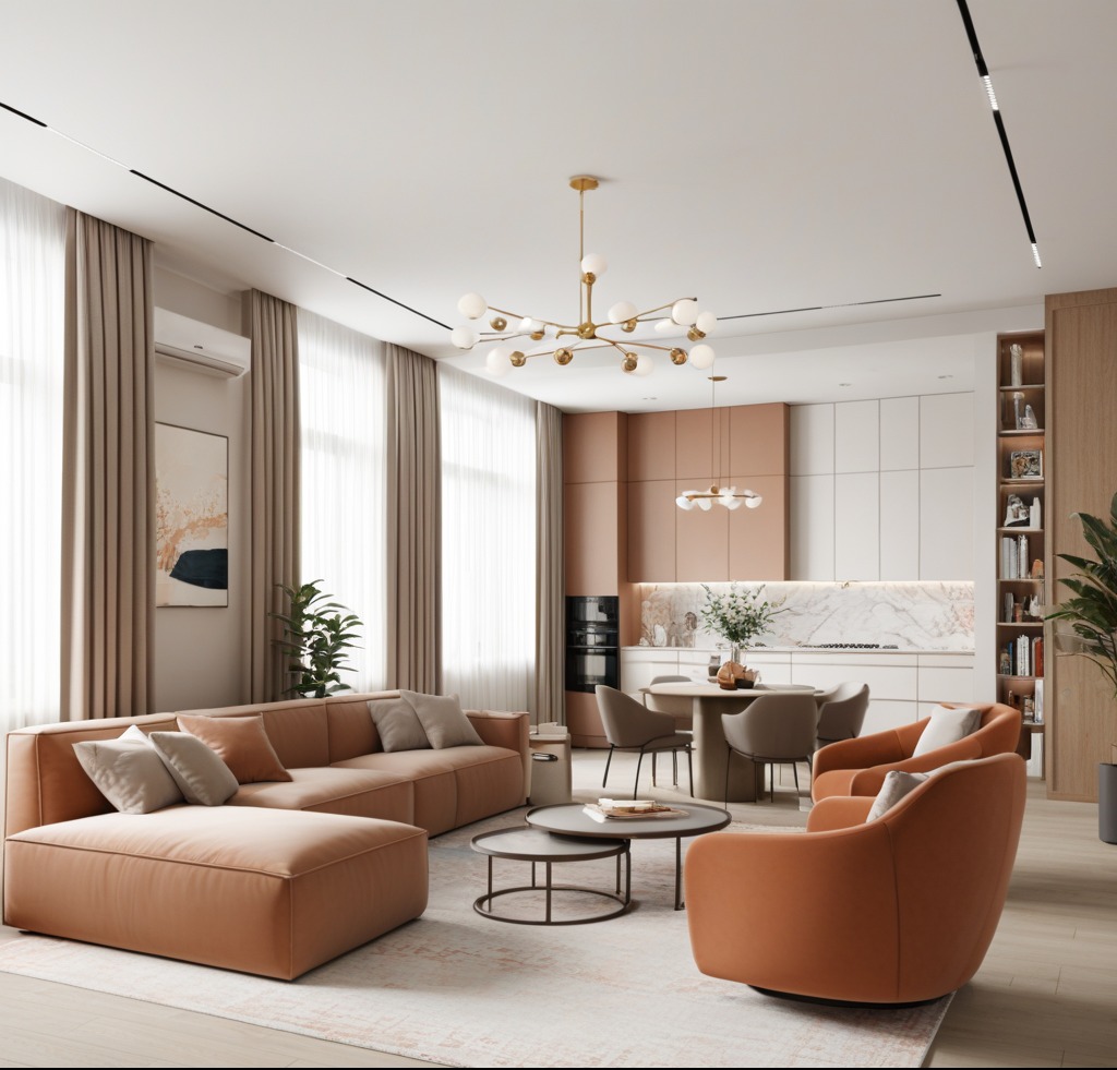 Nowoczesny salon z otwartą kuchnią, dominują odcienie brzoskwini i beżu, sofa modułowa z pufem, okrągłe stoliki kawowe, designerski żyrandol kulisty, marmurowy backsplash w kuchni.