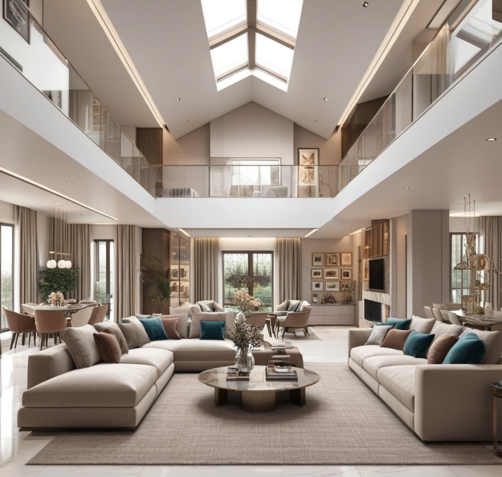 Przestronny salon w dwupoziomowym domu z antresolą, beżowe sofy z kolorowymi poduszkami, okrągły stolik kawowy, duże okna i przeszklenia, naturalne światło z okien dachowych.