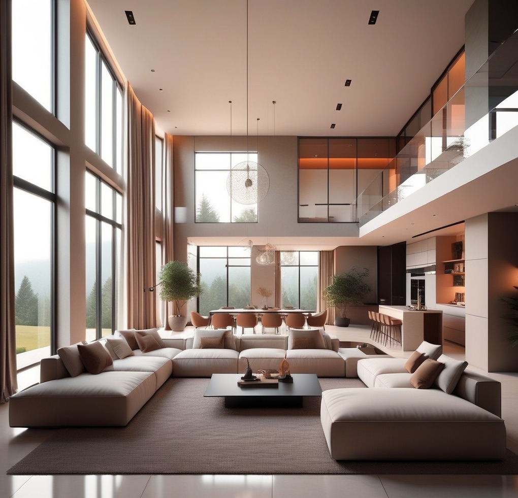 Przestronny salon z panoramicznymi oknami i widokiem na las, kremowa sofa modułowa, czarny stolik kawowy, jadalnia w tle, antresola z przeszkloną balustradą, minimalistyczne oświetlenie.