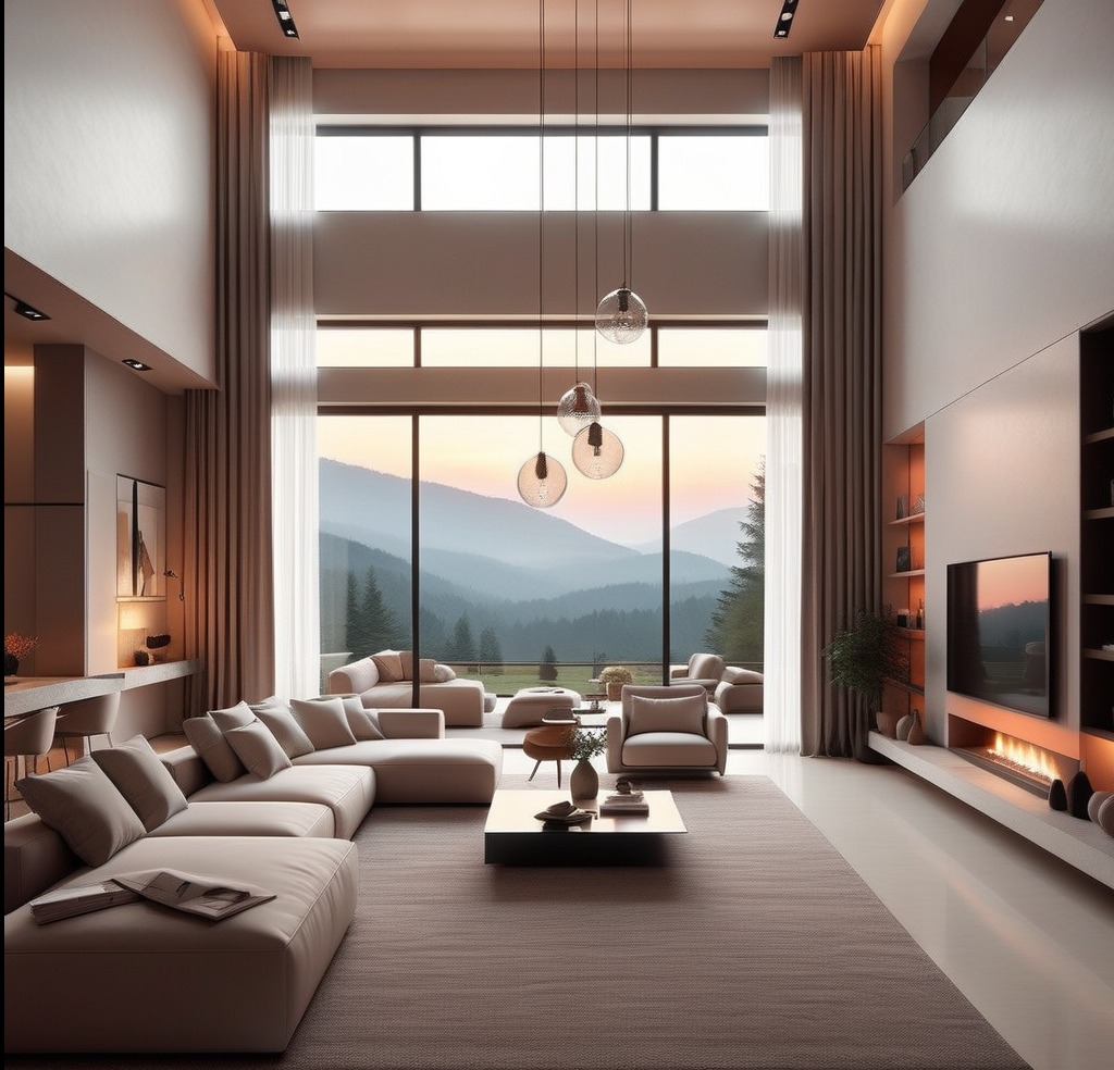 Przestronny salon w neutralnych barwach z panoramicznym oknem wychodzącym na góry, wyposażony w modułową sofę, szklane lampy wiszące i kominek pod telewizorem.