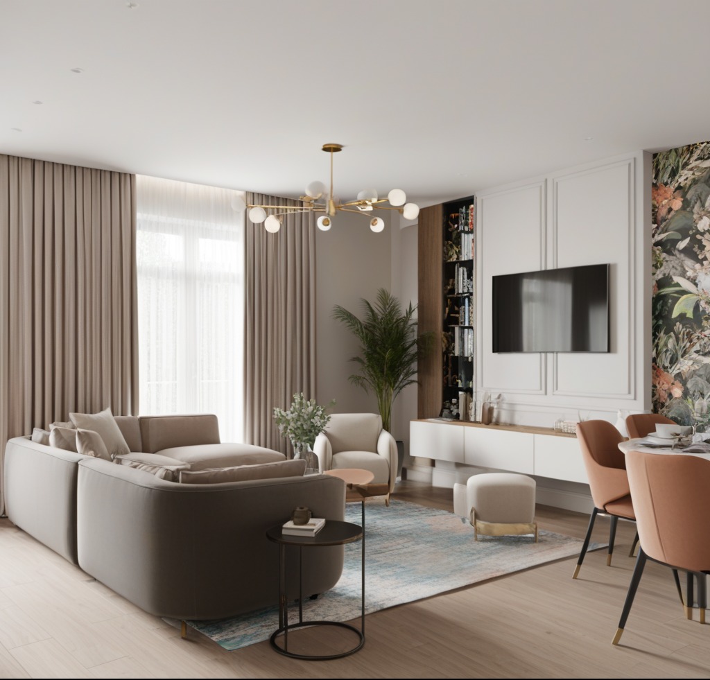 Jasny salon z narożną sofą w odcieniach beżu, okrągłym stolikiem kawowym z czarną podstawą, dywanem w błękitne wzory, telewizorem na ścianie oraz tapetą w kwiaty na jednej ze ścian.