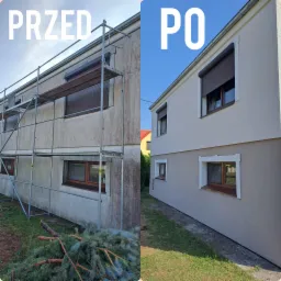 Porównanie stanu elewacji budynku przed i po renowacji: brudna, szara fasada ze stalowymi rusztowaniami kontra odnowiona, dwukolorowa elewacja w odcieniach szarości z nowymi obramowaniami okien.