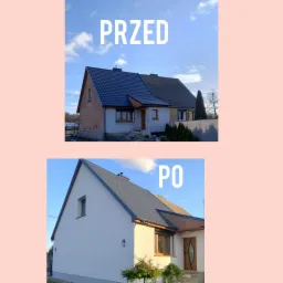 Dom jednorodzinny przed i po remoncie elewacji, widoczne zmiany w kolorystyce i wykończeniu, z napisem PRZED i PO.