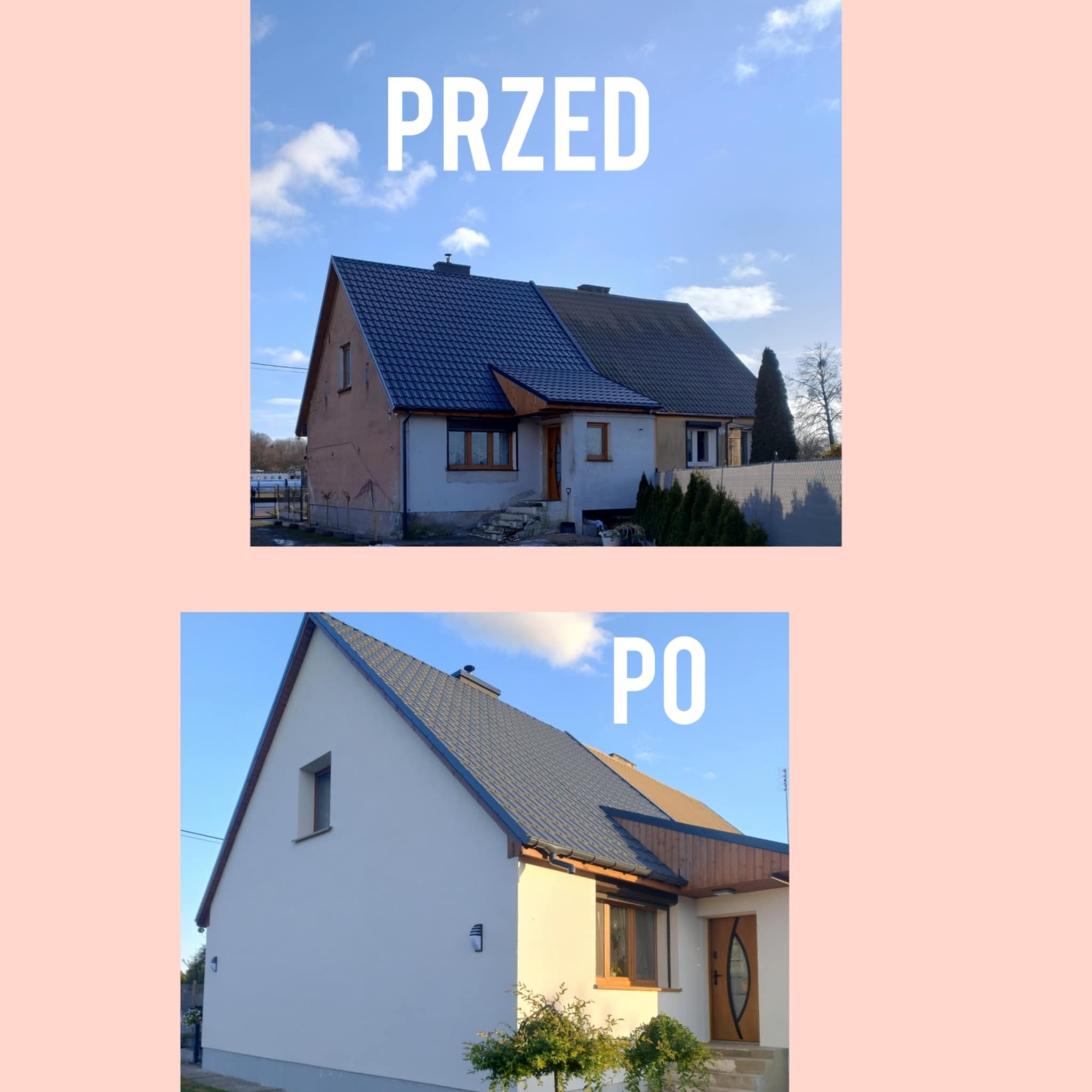 Dom jednorodzinny przed i po remoncie elewacji, widoczne zmiany w kolorystyce i wykończeniu, z napisem PRZED i PO.