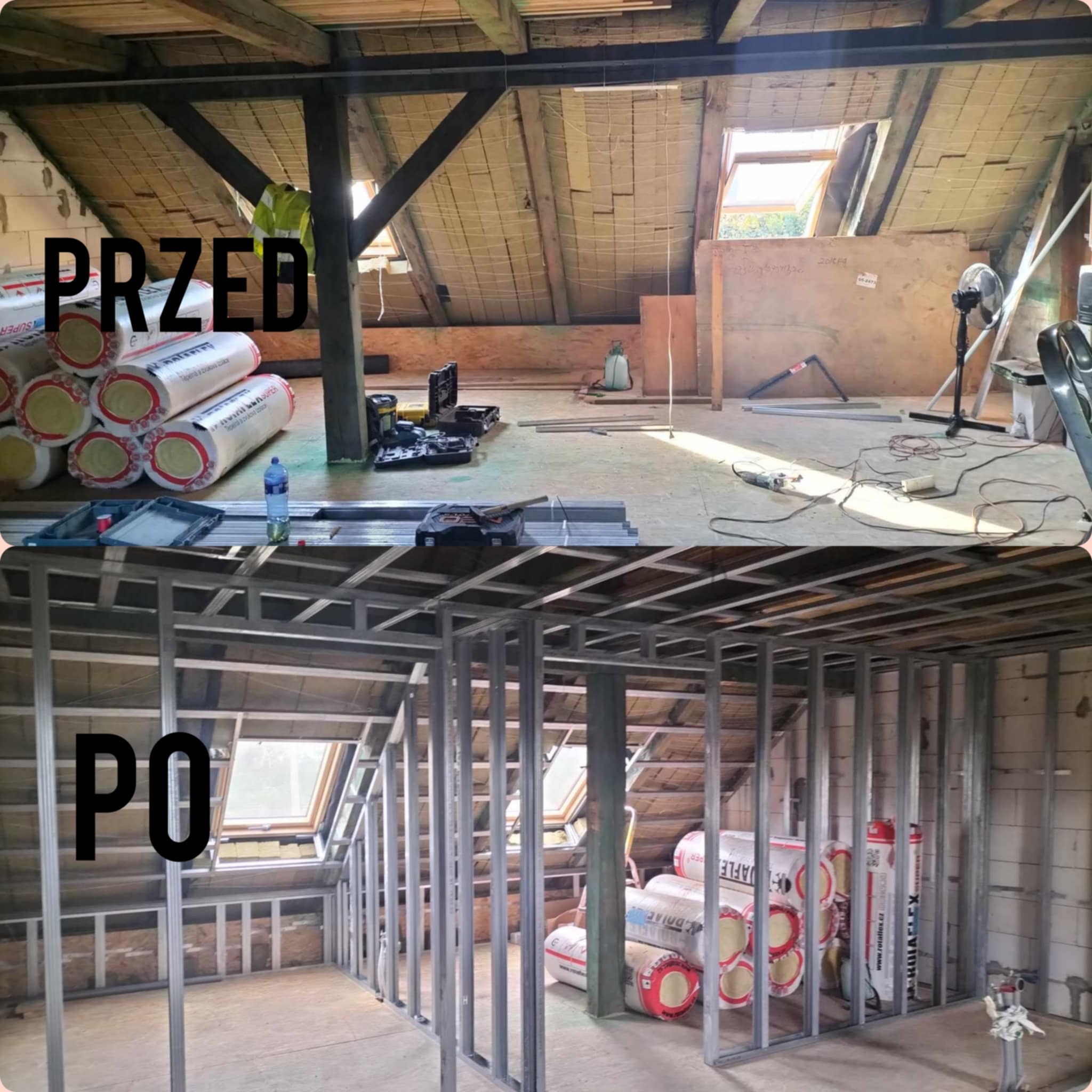 Poddasze przed i po: na górze izolacja wełną mineralną i narzędzia, na dole konstrukcja szkieletowa z profili metalowych, częściowo ocieplona.