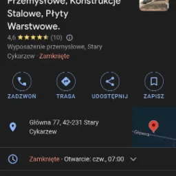 Zdjęcie wizytówki firmy Kapitan, Hale Przemysłowe, Konstrukcje Stalowe, Płyty Warstwowe, z oceną 4.6 gwiazdek i adresem w Starym Cykarzewie, prezentowane na tle mapy.