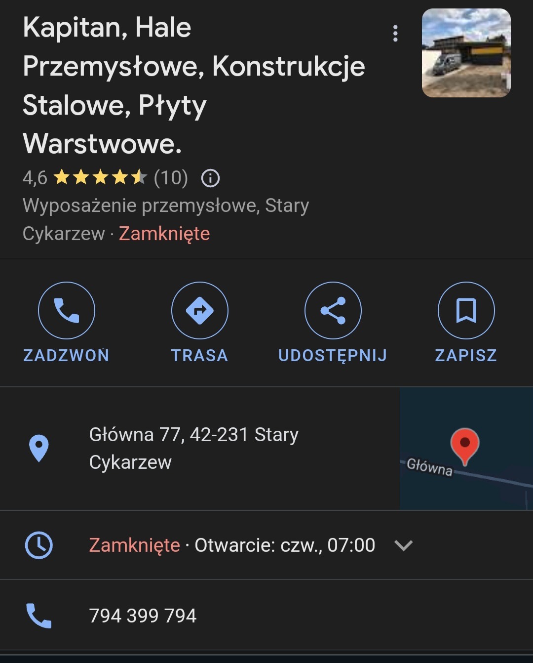 Zdjęcie wizytówki firmy Kapitan, Hale Przemysłowe, Konstrukcje Stalowe, Płyty Warstwowe, z oceną 4.6 gwiazdek i adresem w Starym Cykarzewie, prezentowane na tle mapy.