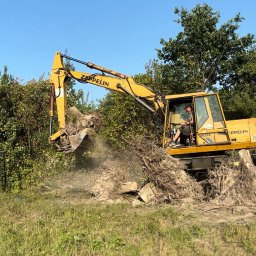 Przedsiębiorstwo Handlowo Usługowe DOLA DANIEL DOBROWOLSKI - Żółta koparka Zeppelin usuwa korzenie i ziemię z zarośniętego terenu, operator w kabinie, słoneczny dzień, widoczne drzewa w tle.