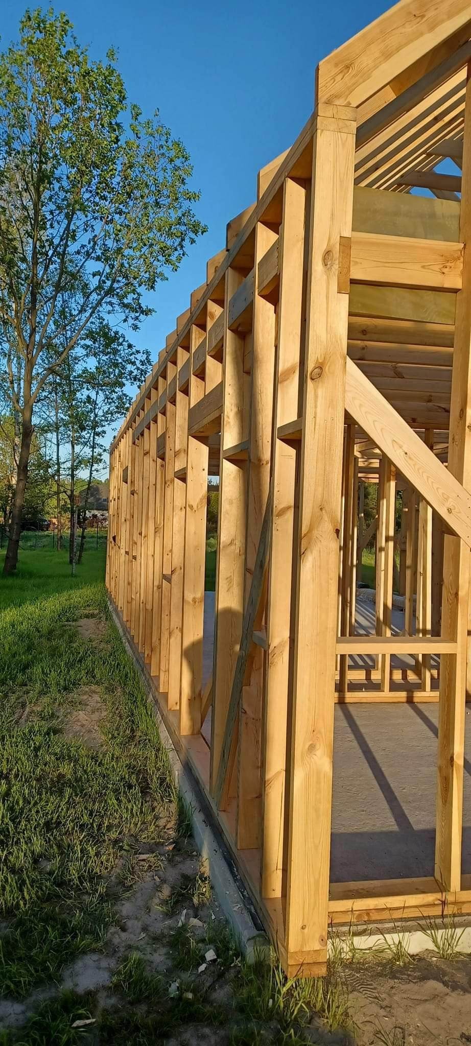 Konstrukcja szkieletowa domu w trakcie budowy, widoczne drewniane belki i słupy na betonowej podstawie, zieleń drzew w tle.