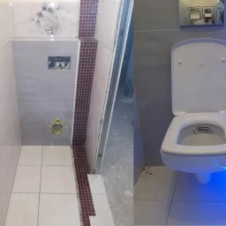 Usługi Remontowo Budowlane ,, BODEX '' - Zbigniew Boho - Nowoczesna łazienka w trakcie wykończenia: widoczna instalacja podtynkowa, białe i szare płytki z dekoracyjnym motywem kwiatowym, bordowa mozaika, podświetlany sedes z deską Rimfree.