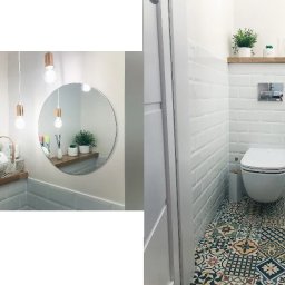 Usługi Remontowo Budowlane ,, BODEX '' - Zbigniew Boho - Nowoczesna łazienka z okrągłym lustrem, wiszącymi lampami z miedzianymi detalami i wzorzystą podłogą w stylu patchwork. Na drewnianej półce dekoracje i akcesoria łazienkowe.