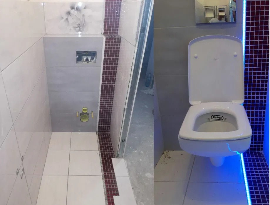 Nowoczesna łazienka w trakcie wykończenia: widoczna instalacja podtynkowa, białe i szare płytki z dekoracyjnym motywem kwiatowym, bordowa mozaika, podświetlany sedes z deską Rimfree.