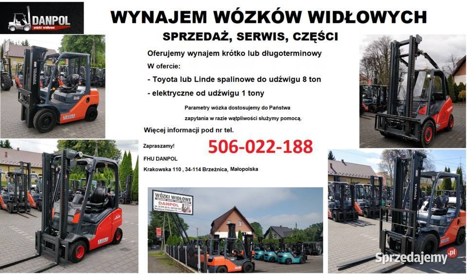 Kompozycja zdjęć wózków widłowych Toyota i Linde, w tym zbliżenia na detale, oraz szyld reklamowy firmy oferującej sprzedaż, serwis i wynajem, na tle zabudowań.