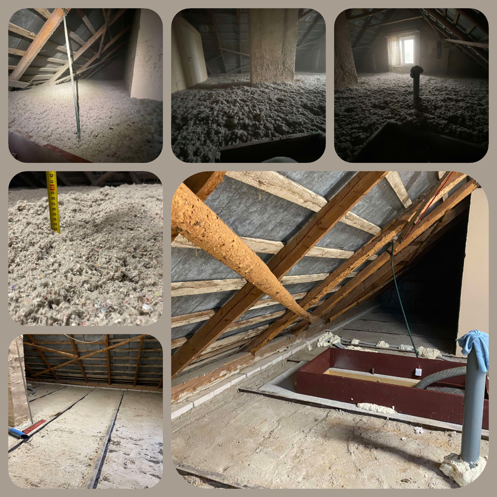 Kolaż zdjęć z prac na poddaszu: warstwa izolacyjna z celulozy, pomiar grubości izolacji miarką, widok na krokwie i pustą przestrzeń poddasza przed izolacją, okno dachowe.