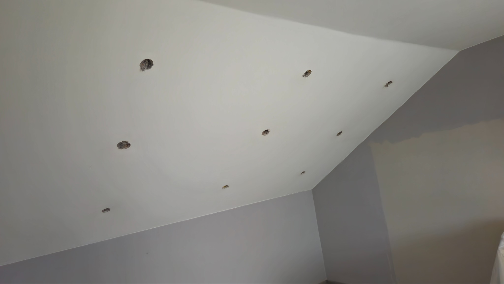 Białe poddasze ze skośnym sufitem po ociepleniu, z widocznymi otworami na oświetlenie. Szare ściany w dolnej części kadru. Ujęcie z dołu.