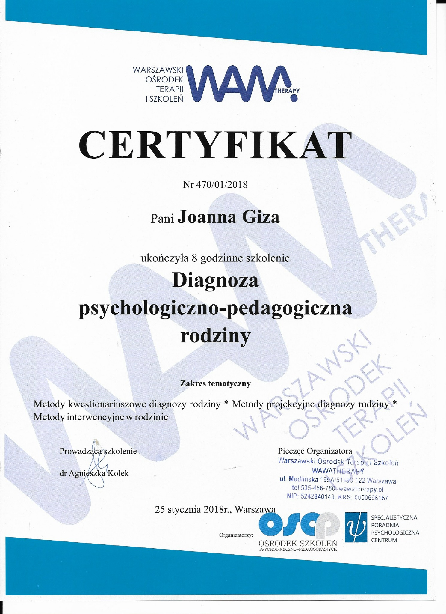 Certyfikat ukończenia szkolenia z diagnozy psychologiczno-pedagogicznej rodziny, wydany przez Warszawski Ośrodek Terapii i Szkoleń Wawa Therapy.