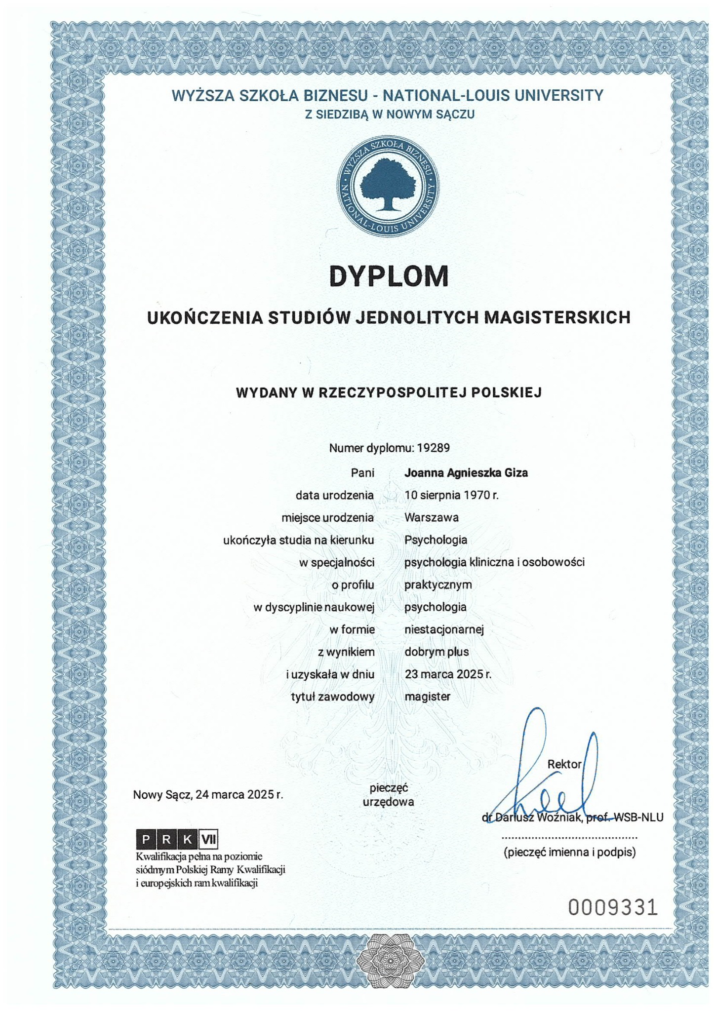 Dyplom ukończenia studiów magisterskich z psychologii klinicznej, wydany przez Wyższą Szkołę Biznesu - National-Louis University w Nowym Sączu, 24 marca 2025.