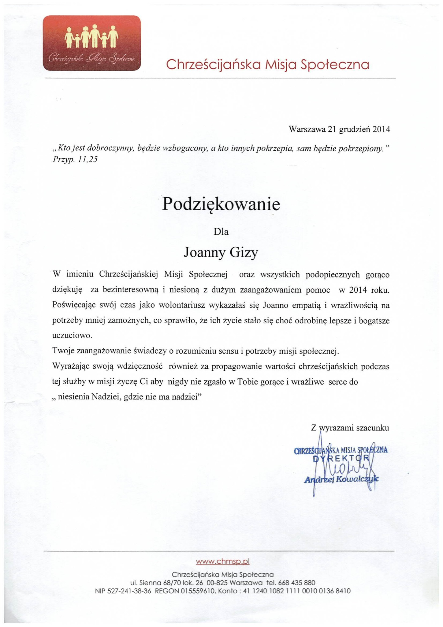 Skan dokumentu: Podziękowanie dla Joanny Gizy od Chrześcijańskiej Misji Społecznej, Warszawa, 21 grudnia 2014. Treść podziękowania za wolontariat i zaangażowanie.